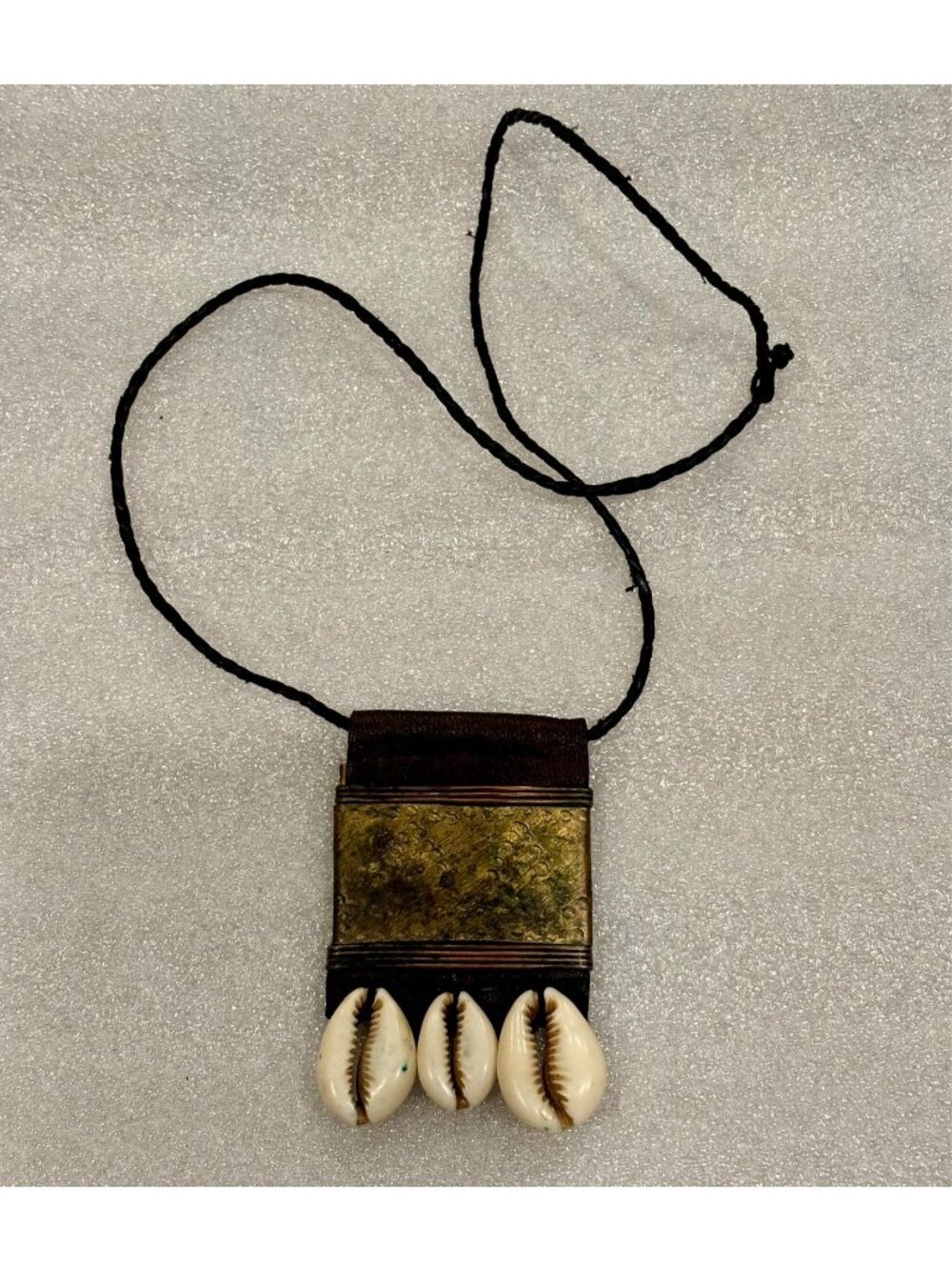 1970s African Artisan Made Leather Brass Cowrie Amulet Talisman
